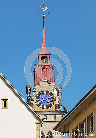 One of two towers of the City Church of Winterthur in Switzerland Stock Photo