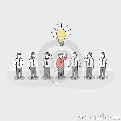 One unique businessman with light bulb of idea in a crowd. Vector Illustration