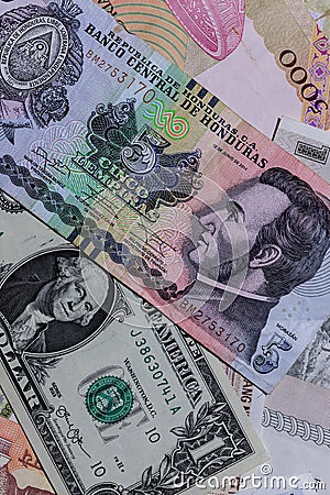 One US Dollar with Different Honduran Lempira Banknotes Stock Photo
