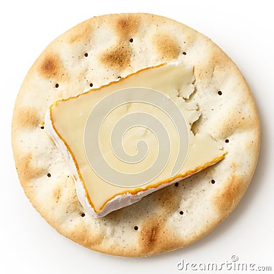 One water biscuit with cheese, isolated from above. Stock Photo