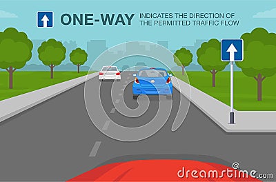 One-way road or traffic sign indicates the direction of the permitted traffic flow. Vector Illustration