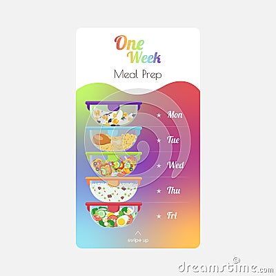 One week meal prep social media template with fruits, vegetables, nuts, chicken and garnish stored in containers Stock Photo