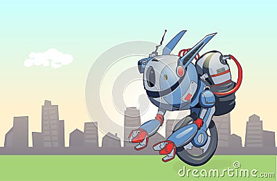 A one-wheeled robot riding against the backdrop of an urban landscape. Unmanned Delivery Robot. Vector illustration with Vector Illustration