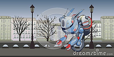 A one-wheel robot riding against the backdrop of an urban landscape. Unmanned Delivery Robot. Vector illustration. Vector Illustration