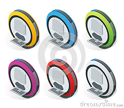 One-wheeled Self-balancing electric scooter vector isometric illustrations. Intelligent and fashionable personal Vector Illustration