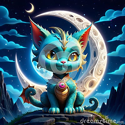 One whimsical night, a dragon cat was seen soaring through the sky, its majestic wings glittering in the moonlight. Stock Photo