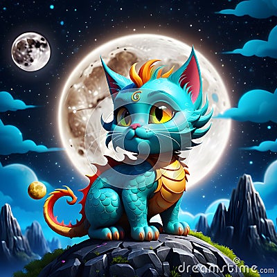 One whimsical night, a dragon cat was seen soaring through the sky, its majestic wings glittering in the moonlight. Stock Photo