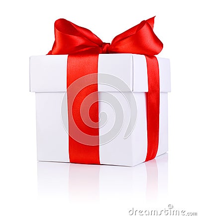 One White boxs tied Red satin ribbon bow Stock Photo