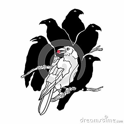 One white crow among all blacks. Not like everyone else a white crow. Vector Illustration