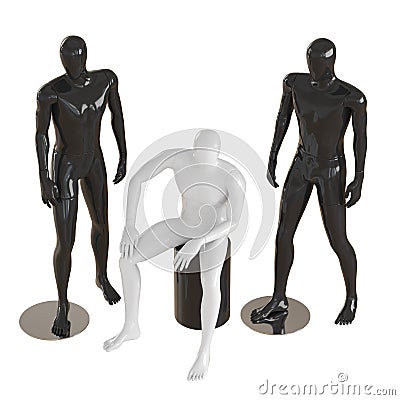 One white faceless mannequin guy sits on a black box and two black mannequin guys stand on each side. View from above. 3D Stock Photo