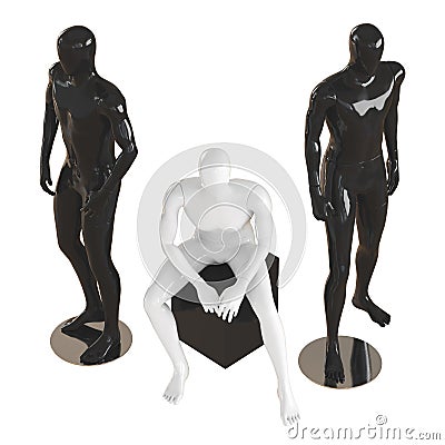 One white faceless mannequin guy sits on a black box and two black mannequin guys stand on each side. View from above. 3D Stock Photo