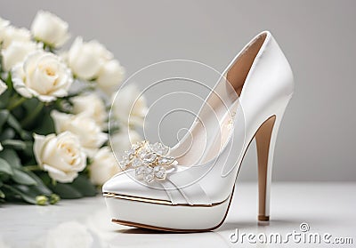 White High Heeled Wedding Shoe with White Flowers AI Generated Stock Photo
