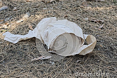 one white unwound roll of toilet paper lies on the ground Stock Photo