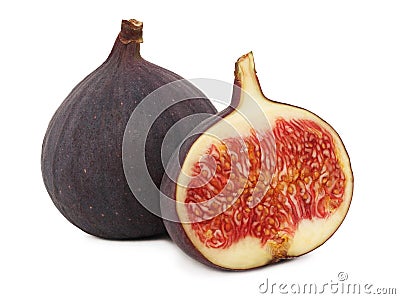 One whole and a half ripe figs (isolated) Stock Photo