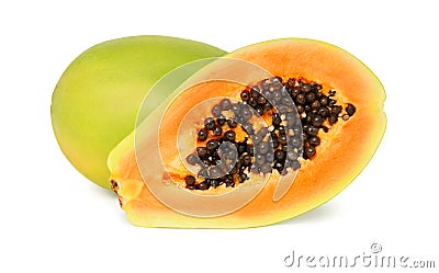 One whole and a half ripe papaya (isolated) Stock Photo