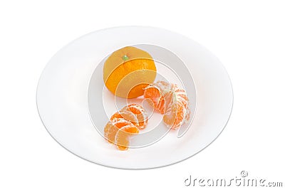 One whole and peeled halved and sectioned mandarin orange Stock Photo