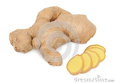 One whole and slices of ginger (isolated) Stock Photo