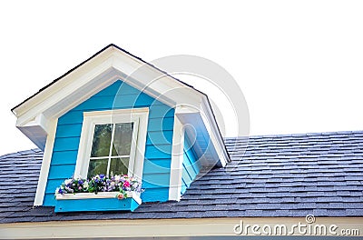 One window at top of wooden house Stock Photo