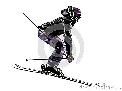 One woman skier skiing jumping silhouette Stock Photo