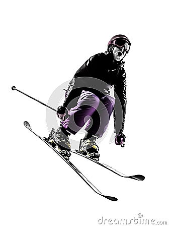One woman skier skiing jumping silhouette Stock Photo