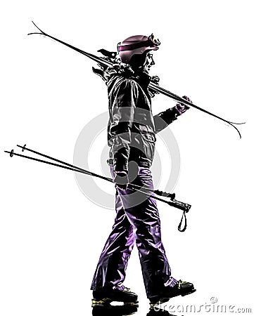 One woman skier walking silhouette Stock Photo