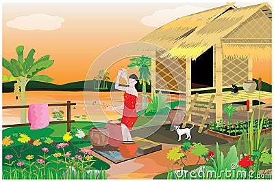 One woman take a bath in front of straw hut Vector Illustration