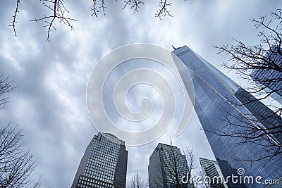 One world trade center in New York, up view, grey sky. Editorial Stock Photo