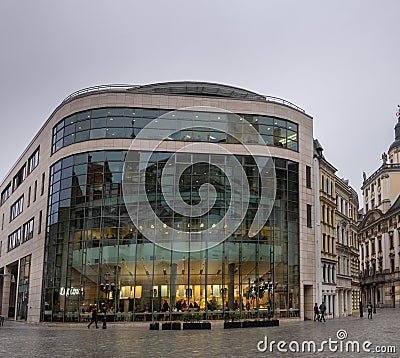 One of wroclaw university campuses with cafe in bottom part. Modern architecture Editorial Stock Photo