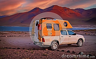 One 4x4 camper truck on lonely camp site at high lake plateau in andes mountains, evening sunset, red mountains - Laguna Miscanti Stock Photo