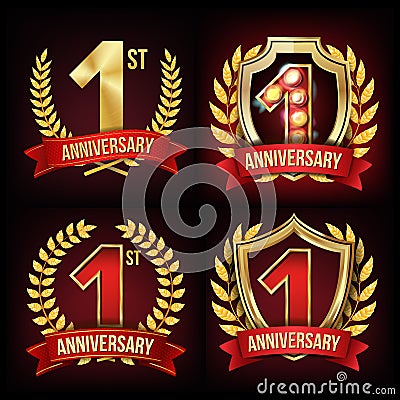 One Year Anniversary Banner Set Vector. 1 Age Sign. One, First Celebration. Shining Gold Sign. Number One. Laurel Wreath Vector Illustration