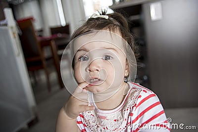 One year old baby toothache Stock Photo