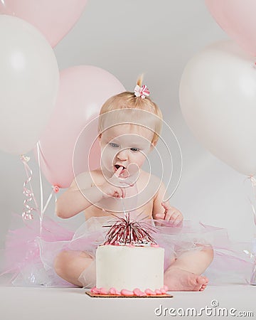 One Year Old Birthday Portraits With Smash Cake Stock Photo