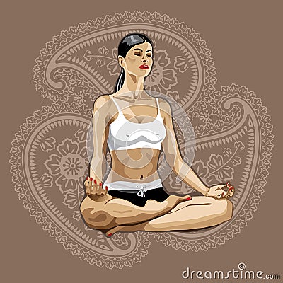 One yoga woman practicing lotus pose.Paisley back Vector Illustration