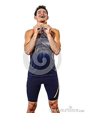 Young man athletics athetle gold medalist isolated white background Stock Photo