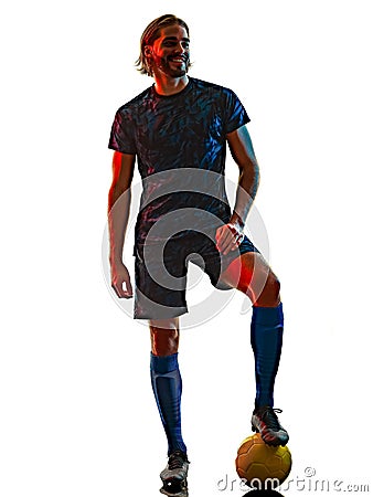 Young soccer player isolated white background silhouette shadow Stock Photo