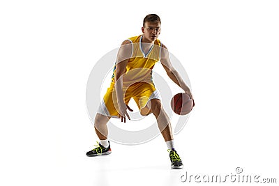 One young man, basketball player with a ball training isolated on white studio background. Advertising concept. Fit Stock Photo