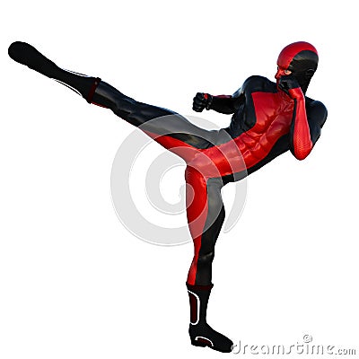 One young man in the red and black superhero costume. Strike right foot. To left Stock Photo