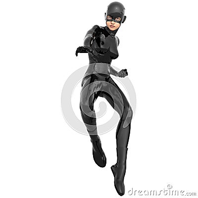 One young superhero slim girl in full black super suit Stock Photo