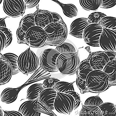 Onion bulbs, leek, seamless pattern monochrome Vector Illustration