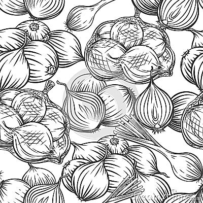 Onion bulbs, leek, seamless pattern outline hand drawn Vector Illustration