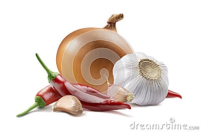 Onion garlic chili pepper isolated on white background Stock Photo