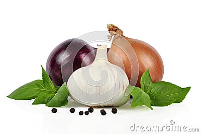 Onion, garlic, pepper Stock Photo