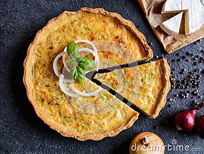Onion Quiche with Camembert, leek and eggs Stock Photo