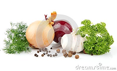 Onion,red onion,dill,parsley,pepper on white Stock Photo