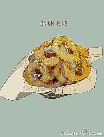Onion rings on paper wrap in basket, Hand drawn Highly detail il Vector Illustration