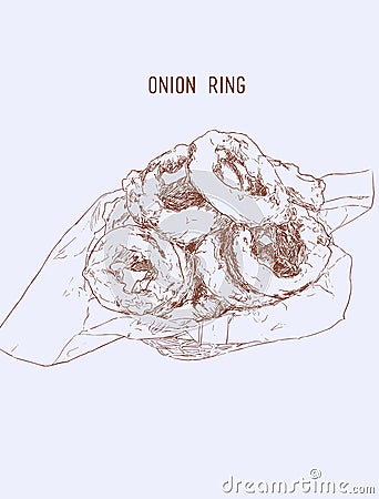 Onion rings on paper wrap in basket, Hand drawn Highly detail il Vector Illustration