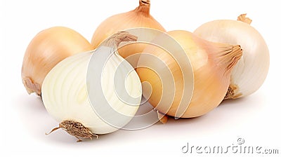 Onion, White Background, Cut Out, White Color, Half Full. Whole golden onion bulb . AI Generative Stock Photo