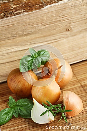 Onions and basil leaves Stock Photo