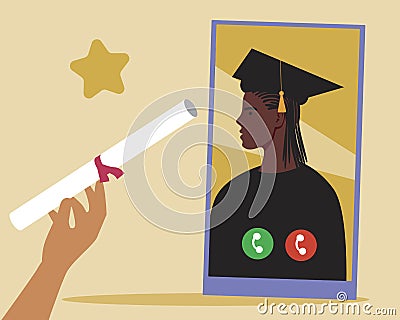 Online Afro Graduate Graduate Graduation Flat Vector Stock Illustration with Phone and Online Call as Online Learning Concept Cartoon Illustration