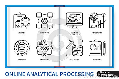Online analytical processing infographics OLAP linear icons collection Stock Photo